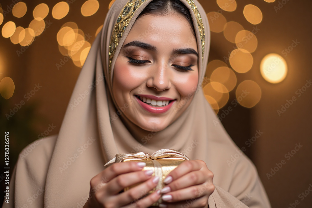 Naklejka premium Portrait of a Beautiful Young Muslim Woman Celebrating Eid al Fitr
