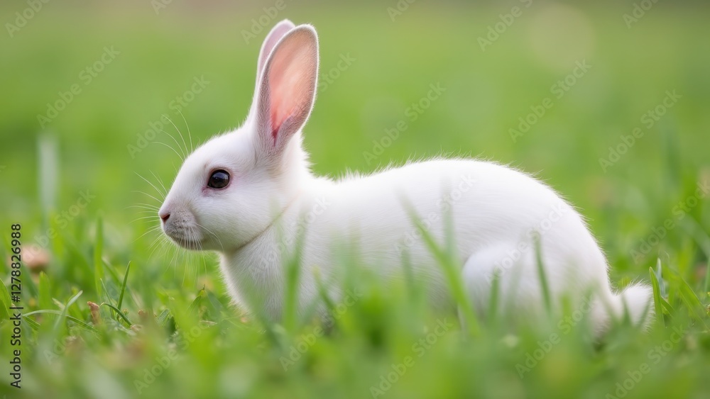 A cute white bunny sitting on green grass, perfect for a bunny wallpaper. A cute white bunny sitting on green grass, perfect for a bunny wallpaper.