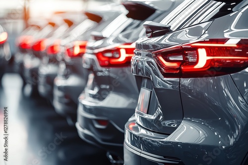 New cars awaiting delivery at dealership storage photo
