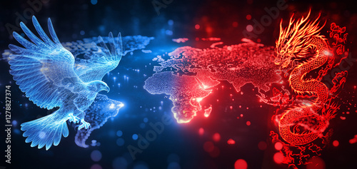 A digital illustration shows a glowing blue eagle and a glowing red dragon facing each other across a world map, symbolizing a geopolitical conflict between two powerful forces.
