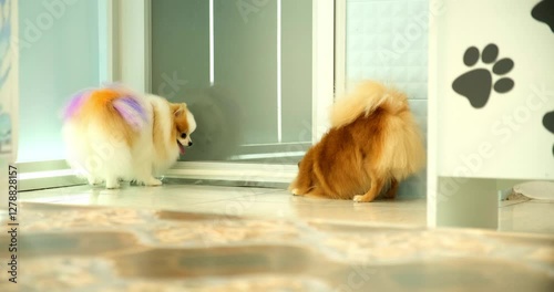 Cute, funny, and beautiful dogs wandering around the pet groomer after their grooming sessions