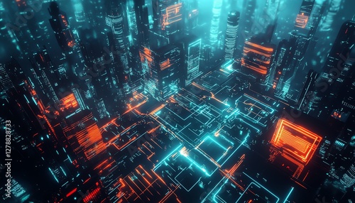 Futuristic electronic circuits intertwined with glowing neon lights, set against a dark scifi cityscape background
