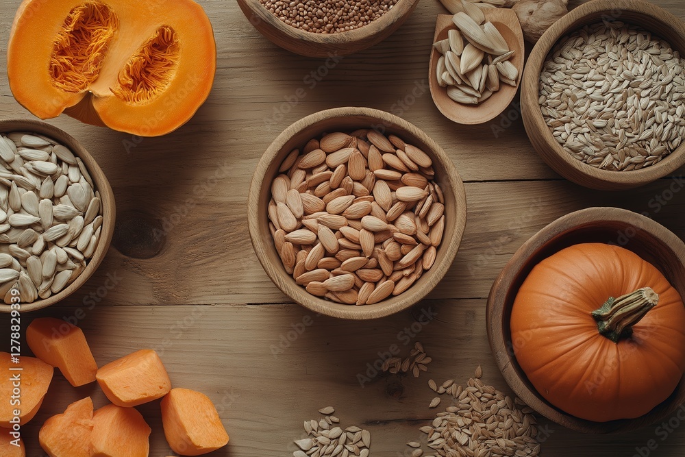 Colorful display of elimination diet foods featuring seeds such as pumpkin seeds and sunflower seeds alongside fresh vegetables. Concept emphasizes elimination diet foods for healthy eating Colorful display of elimination diet foods featuring seeds such as pumpkin seeds and sunflower seeds alongside fresh vegetables. Concept emphasizes elimination diet foods for healthy eating