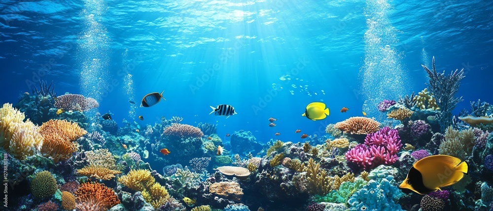 Naklejka premium A vivid 3D underwater landscape, with towering coral structures, exotic fish, and majestic sea creatures swimming beneath a shimmering ocean surface