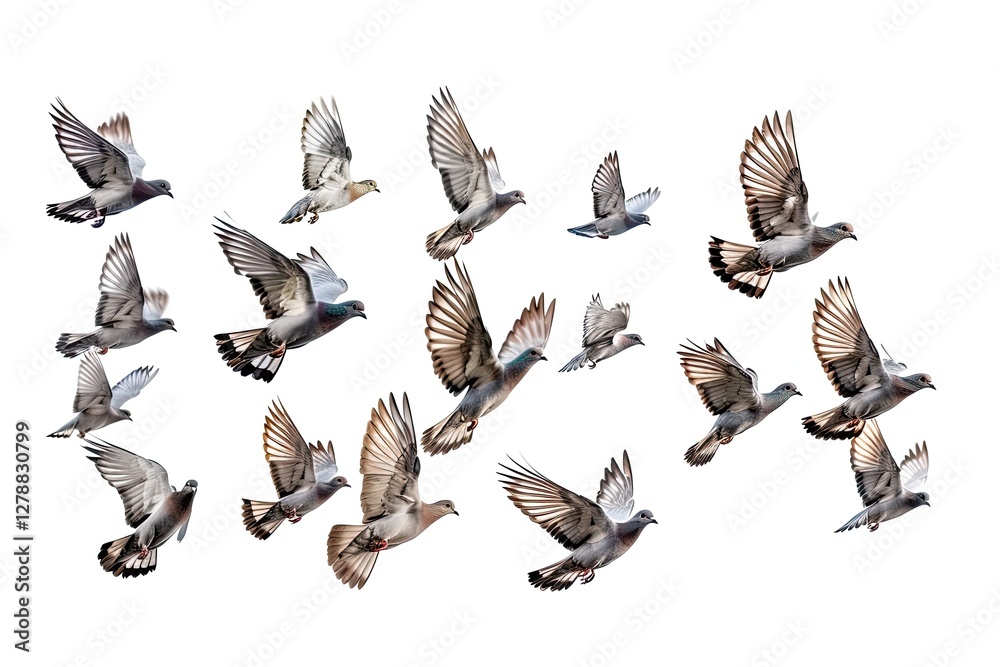 Obraz premium Flocks of pigeons soar gracefully in the sky, their wings fully extended and feathers displayed in vivid detail, showcasing a stunning display of nature