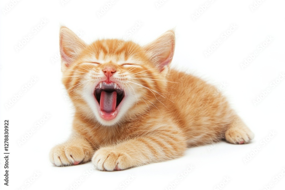 Obraz premium Energetic orange kitten yawning on a clean white background showcasing sharp details and realistic lighting