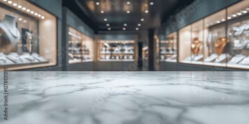 Empty marble table top in blurred jewelry store background for product display
