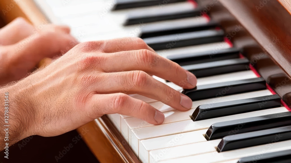Obraz premium Close-Up of a Hand Playing Piano Keys in Soft Natural Light