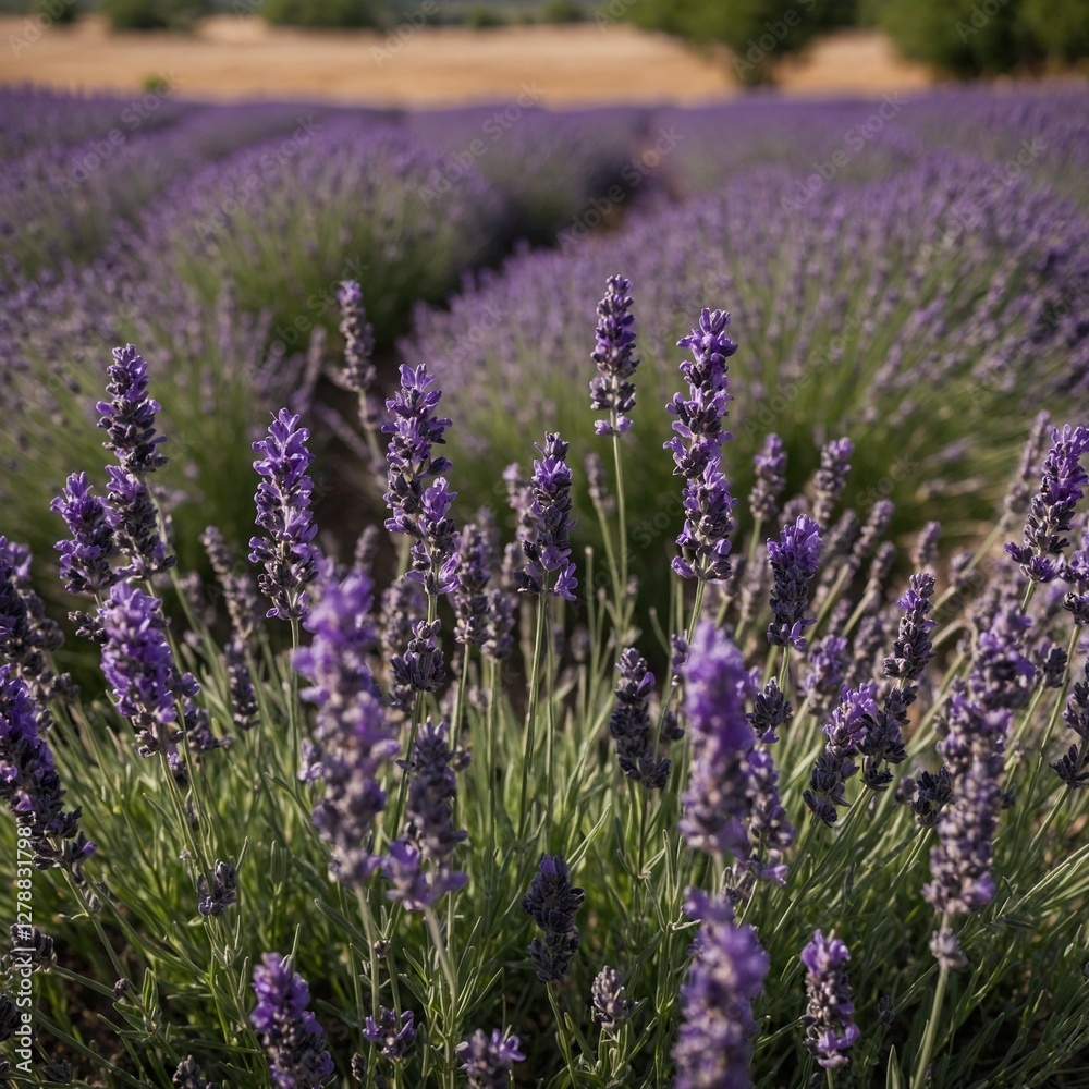 Fototapeta premium A field of lavender with individual sprigs standing tall, swaying in the breeze, transparent background.