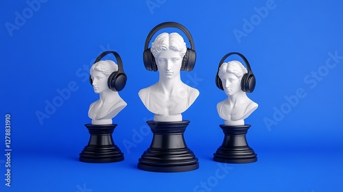 Three white marble busts wearing black headphones against a vibrant blue background, creating a modern and artistic vibe.