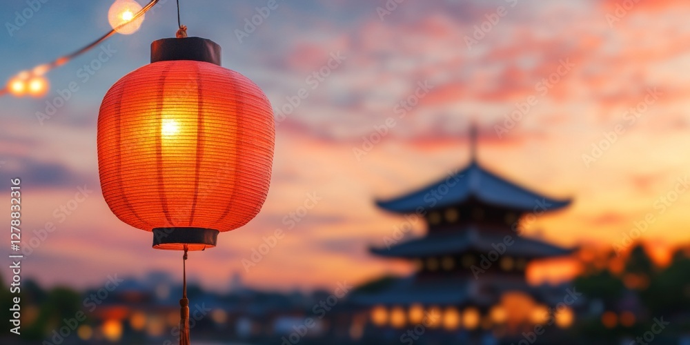 Obraz premium Vibrant Lanterns and Pagoda Silhouettes Traditional Textures in Nighttime Festival - Cultural Content for Event Marketing and Heritage Tourism Promotion