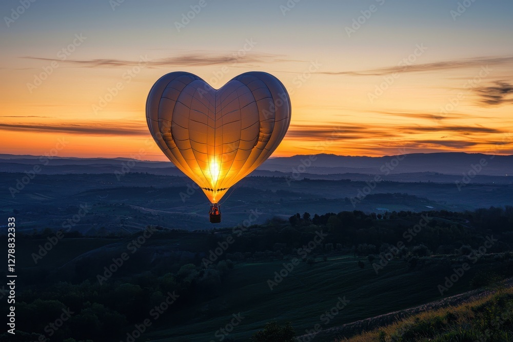 Fototapeta premium Heart-shaped hot air balloon at sunrise, drifting over the landscape, a romantic gesture against a colorful sky, symbolizing love and adventure together.
