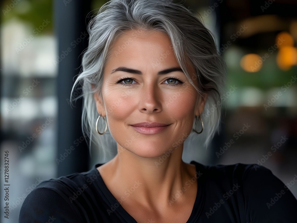 A woman with grey hair and a black shirt smiles at the camera A woman with grey hair and a black shirt smiles at the camera