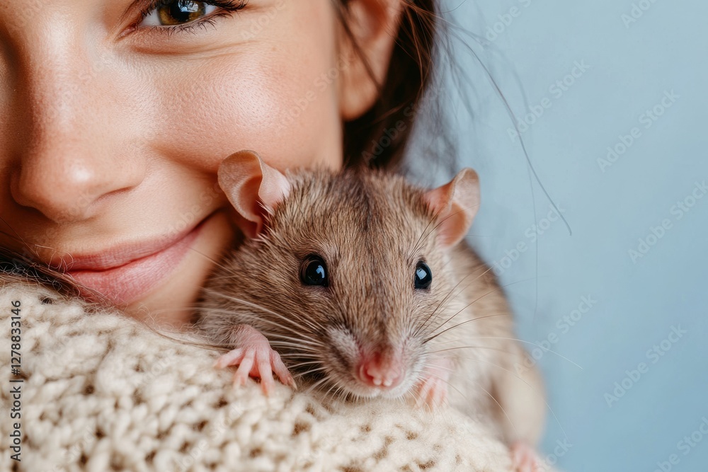Charming Cozy Companionship Young Woman with Pet Rat Embracing Soft Textures - Spring Delight for Animal Lovers and Marketing Visuals in Gentle Lifestyle Aesthetics Charming Cozy Companionship Young Woman with Pet Rat Embracing Soft Textures - Spring Delight for Animal Lovers and Marketing Visuals in Gentle Lifestyle Aesthetics
