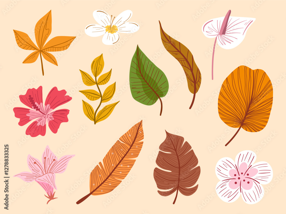 Obraz premium Hand Drawn Botanical Foliage Elements. A collection of hand-drawn botanical foliage and floral elements with fine details and warm earthy tones. Perfect for nature-inspired, and autumn-themed projects