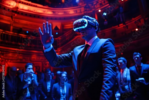 Model young man with beard in glasses of virtual reality. Augmented reality, future technology concept. VR. Neon light.Young and diverse group of friends using a vr headset.
