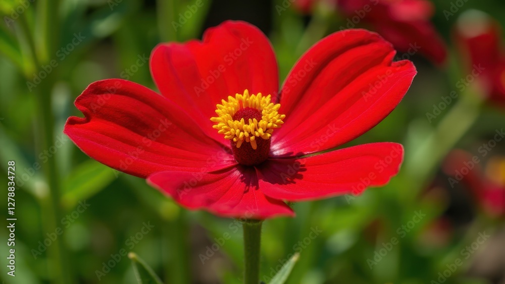 A vibrant red flower with a yellow center stands out against a blurred green background, showcasing its vivid colors and delicate petals. A vibrant red flower with a yellow center stands out against a blurred green background, showcasing its vivid colors and delicate petals.