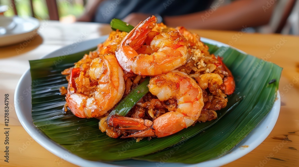 Delicious Plate of Fried Shrimp with Spices and Crispy Garnish Delicious Plate of Fried Shrimp with Spices and Crispy Garnish