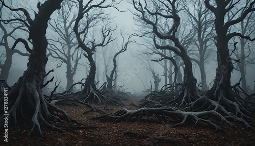 Spooky Foggy Forest with Twisted Roots