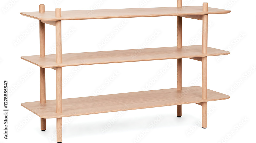 A modern wooden shelving unit with an open frame and adjustable shelves, crafted from light ash wood, on white background. A modern wooden shelving unit with an open frame and adjustable shelves, crafted from light ash wood, on white background.