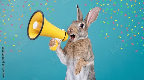 A white bunny stands upright, joyfully holding a yellow megaphone to its mouth. Colorful confetti rains down against a vibrant turquoise background, creating a festive atmosphere.