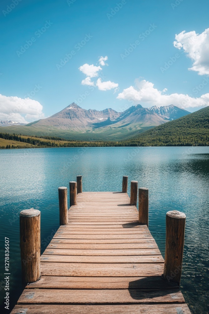 Fototapeta premium Lake dock with mountain backdrop