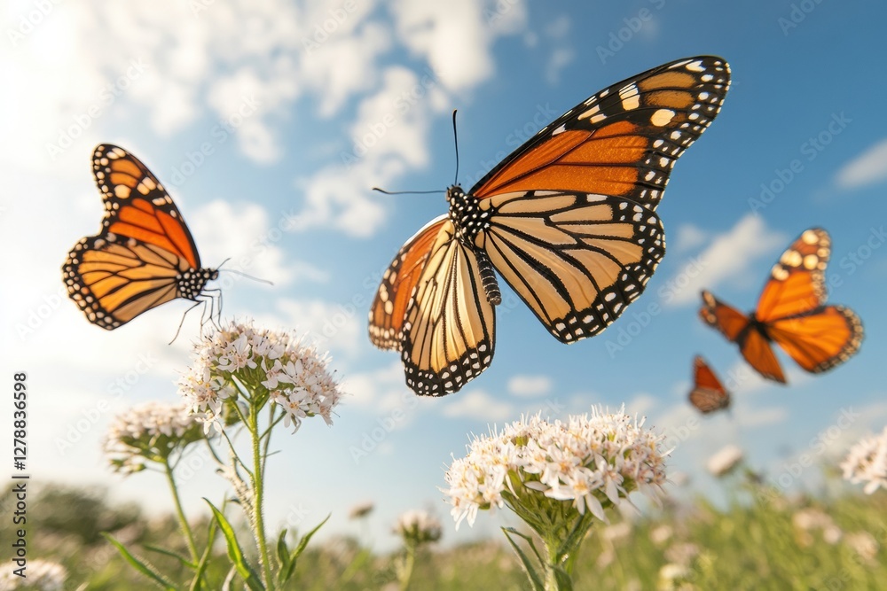 Fototapeta premium Sustainable Earth Day Celebration Monarch Butterflies on Native Wildflowers Spring Design for Seasonal Marketing and Eco-Friendly Tourism Promotions