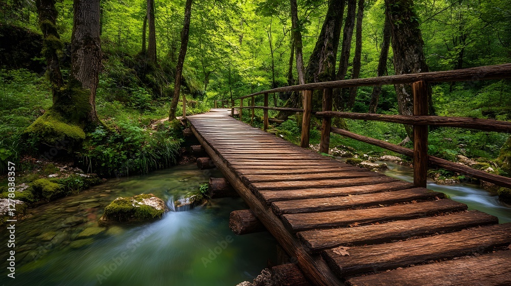 Fototapeta premium A picturesque wooden bridge that leads over a stream