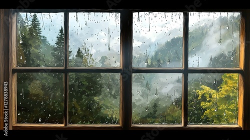 Close-up shot of the window in a modern apartment with a rainy city view, a cozy sofa and a lamp on it, in the evening, with warm light from inside the room.