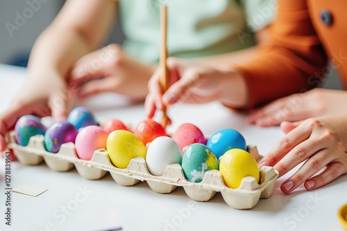 Colorful Egg Decorating Activity for Children: Young Hands Creating Masterpieces with Vibrant Paints on Easter Eggs in a Bright Learning Environment photo