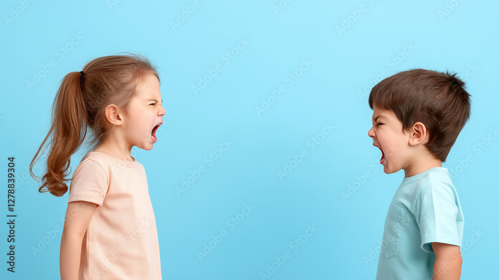 young girl and boy are yelling each other, expressing strong emotions against light blue background. Their facial expressions show frustration and intensity, capturing moment of sibling conflict young girl and boy are yelling each other, expressing strong emotions against light blue background. Their facial expressions show frustration and intensity, capturing moment of sibling conflict