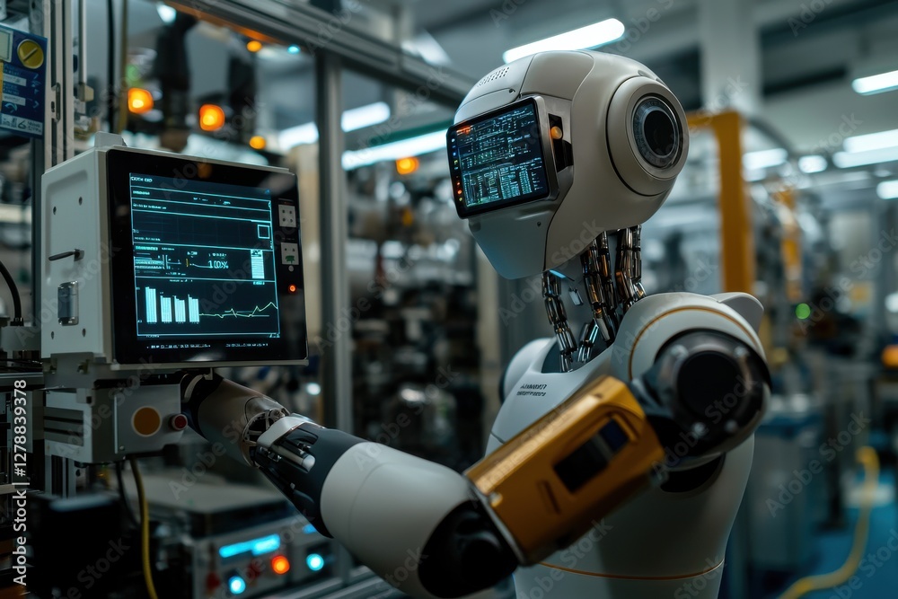 Fototapeta premium A modern humanoid robot analyzing data on a screen in an industrial setting, showcasing advancements in automated manufacturing and technology integration.