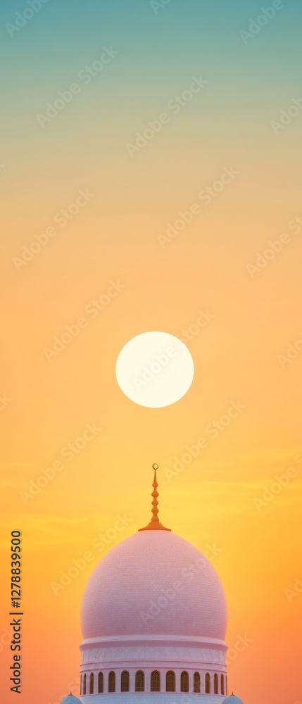 Obraz premium Tranquil Eid al-Fitr Sunset Mosque Silhouette Art for Modern Festive Marketing and Event Branding in Cultural Celebrations - Inspiring Peace and Community