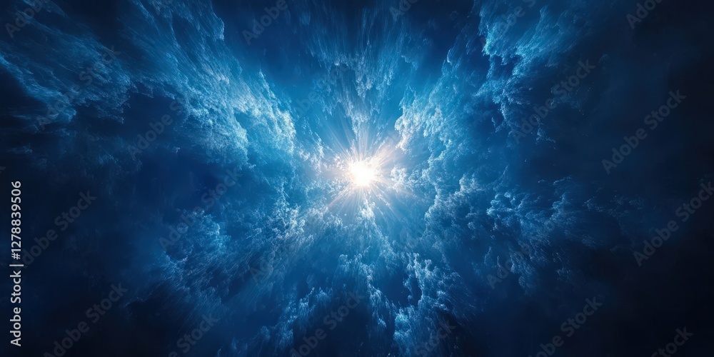 Fototapeta premium A radiant blue star glows at the heart of the image, its core ablaze with shimmering white light. Surrounded by an enigmatic dark blue void, it commands awe and wonder in the celestial scene