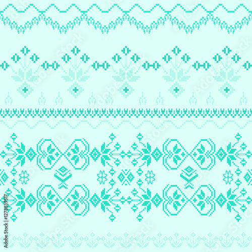 Ukrainian cross stitch pattern. Floral and geometric motif in turquoise shades. Vector illustration of leaves. Pixel art. Traditional weaving. Designed for printing on fabric, lace, sweaters, cards.