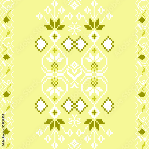 Vector illustration of Ukrainian style cross-stitch. Geometric shapes and flowers. Green and white on a light yellow background. For use in printing industry, traditional textiles, sweaters.