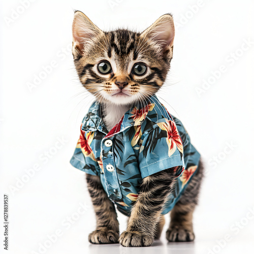 Kitty Vacation: A cute tabby kitten wearing a vibrant tropical shirt poses adorably, conveying a sense of playfulness, comfort and light-heartedness. 