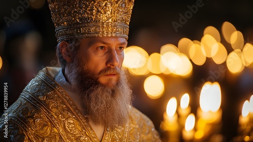 Bearded Orthodox bishop during religious service adorned in intricate gold vestments with embroidered patterns and jewels. Background of faith and devotion with text space photo