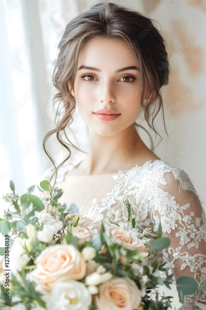 beautiful bride holding flowers in soft natural light outdoor setting beautiful bride holding flowers in soft natural light outdoor setting