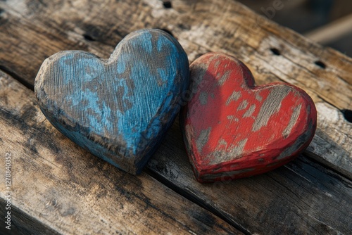 Wooden hearts on wooden table
