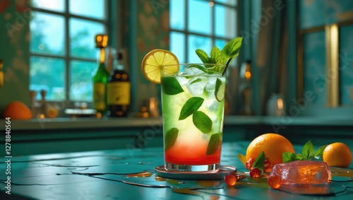 Colorful cocktail with mint leaves and citrus slices in a glass on a turquoise table with blurred background of bar and fruit. photo