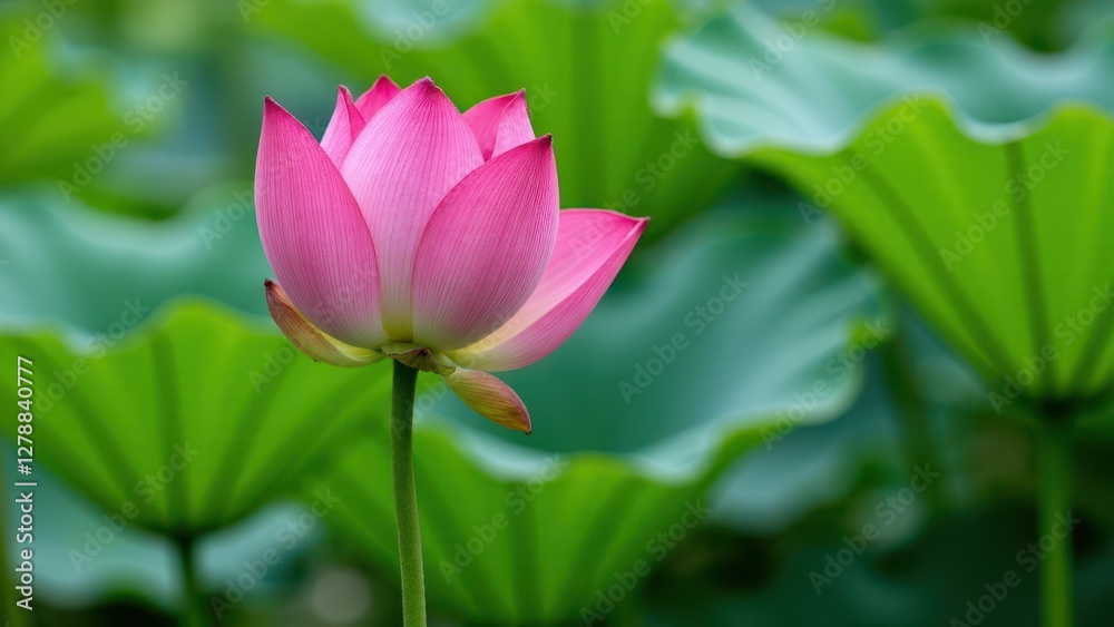 A vibrant pink lotus flower in full bloom with lush green leaves in the background. A vibrant pink lotus flower in full bloom with lush green leaves in the background.