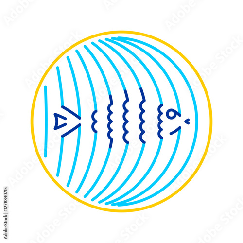 Fish stylized logo in a round line badge. Blend vertical curved lines with elegant fish silhouette inside. Editable stroke.