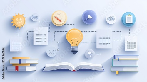 Wallpaper Mural Illustration of learning concepts with books, lightbulb, and icons symbolizing knowledge and ideas. Torontodigital.ca