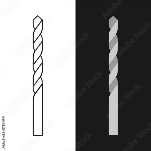 Drill bit tool black line and flat color styles illustration. Isolated vertical standing drill on white and black backgrounds. Editable stroke.