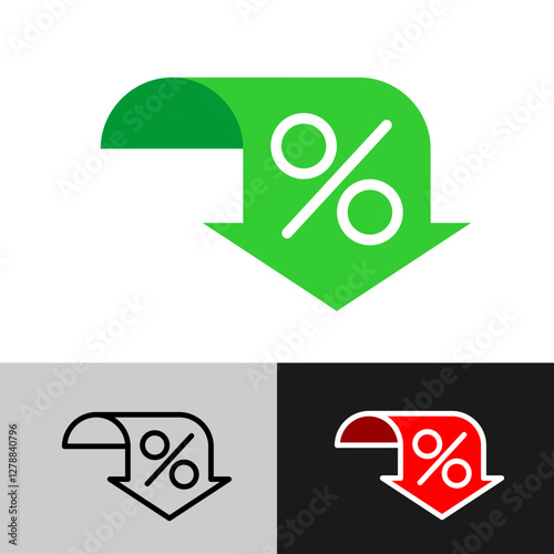 Price discount in percent arrow down 3D symbol. Reduction in goods price discount percentage sign. Editable stroke.