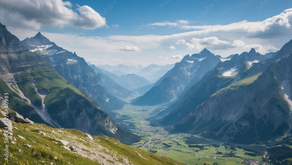 Obraz premium Scenic panoramic view of green valley surrounded by majestic mountains under bright blue sky with fluffy clouds in daytime