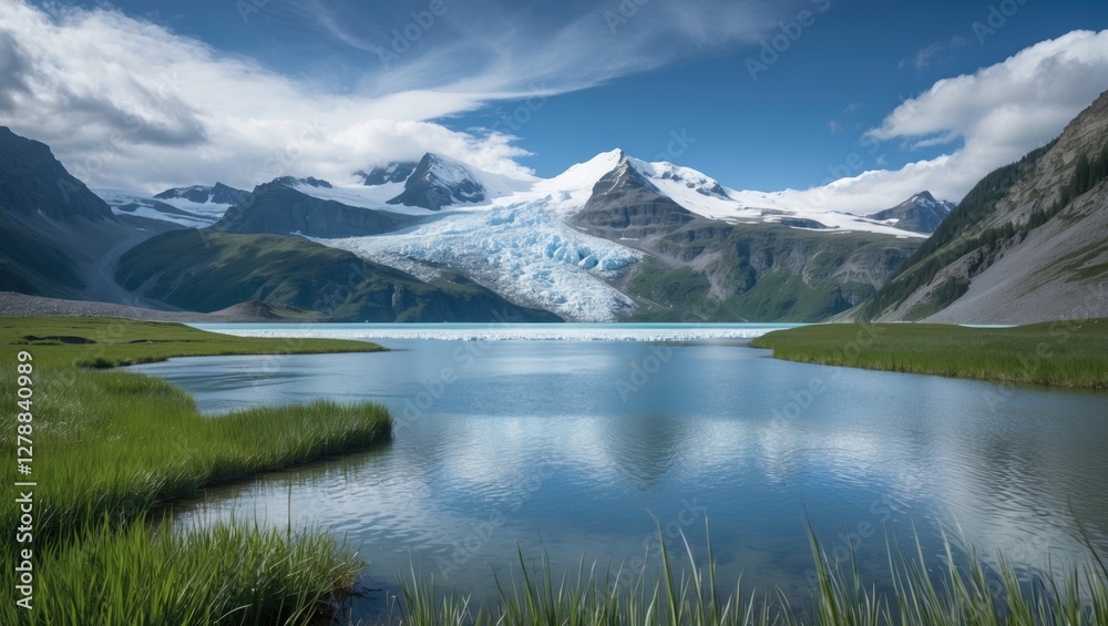 Mountain landscape with glacier reflecting in pristine lake surrounded by green grass under a blue sky with clouds. Mountain landscape with glacier reflecting in pristine lake surrounded by green grass under a blue sky with clouds.