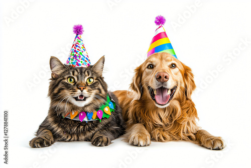Festive Friends: A cheerful cat and a playful dog, adorned in colorful party hats and garlands, share a moment of joy and camaraderie, set against a neutral backdrop.