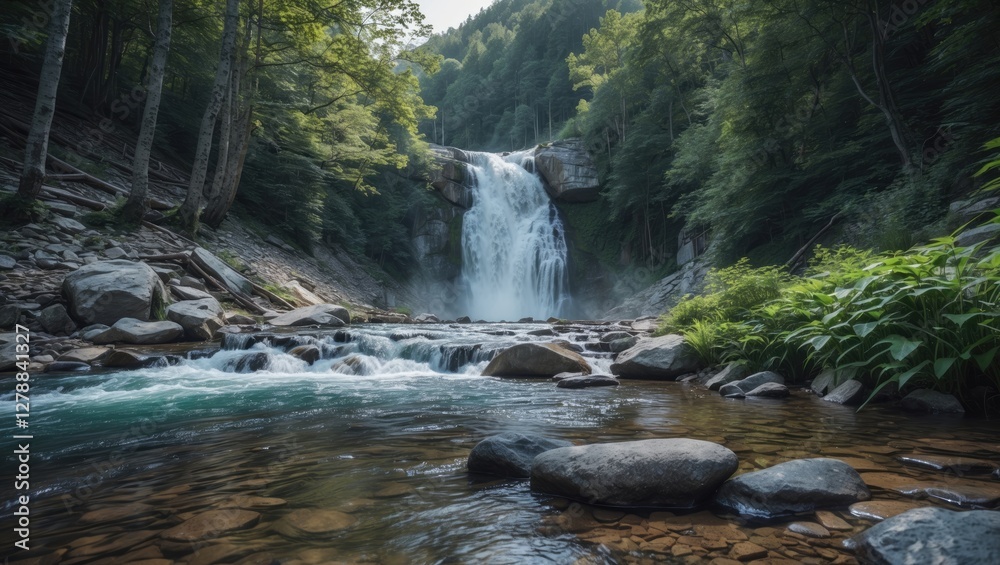 waterfall cascading down rocky cliffs surrounded by lush green forest with calm river in foreground and smooth stones in water waterfall cascading down rocky cliffs surrounded by lush green forest with calm river in foreground and smooth stones in water